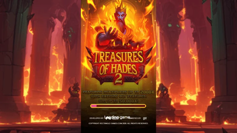 Treasures of Hades 2 — úvodná obrazovka slotu Rectangle Games v mytologickom prostredí podsvetia